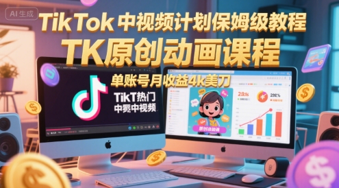 mp26770期-TikTok中视频计划保姆级教程，TK原创动画课程，单账号月收益4k美刀