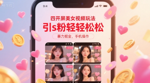 mp30957期-四开屏美女视频玩法，引s粉轻轻松松，暴力掘金，手机操作