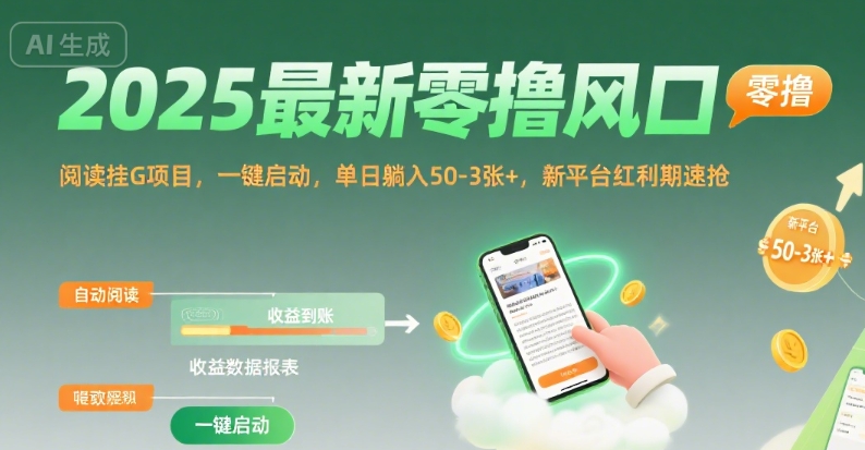 mp31509期-2025最新零撸风口，阅读挂G项目，一键启动，单日躺入 50-3张+，新平台红利期速抢