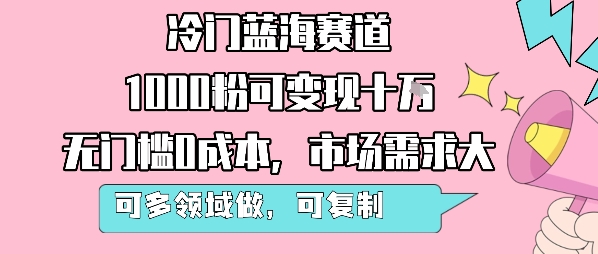 mp32136期-冷门蓝海赛道，1000粉可变现十W，无门槛0成本，市场需求大，可多领域做，可复制性强