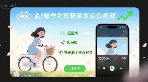 mp34011期-AI制作女孩骑单车治愈视频，流量大，起号快，快速起千粉万粉号