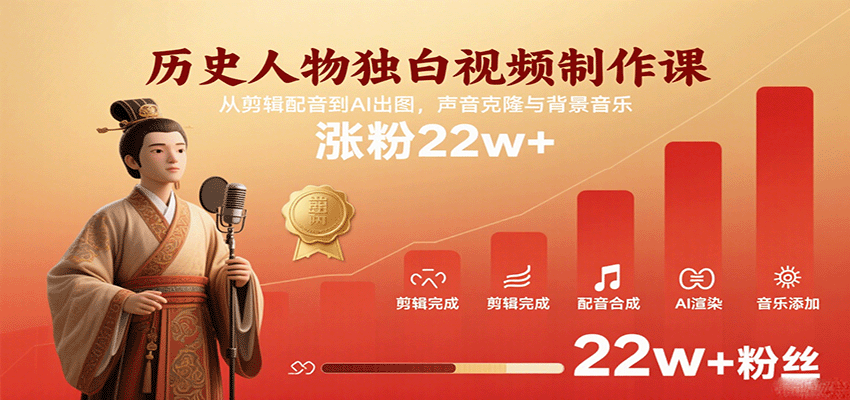 fy17919期-历史人物独白视频制作课，从剪辑配音到AI出图，声音克隆与背景音乐，涨粉22w+