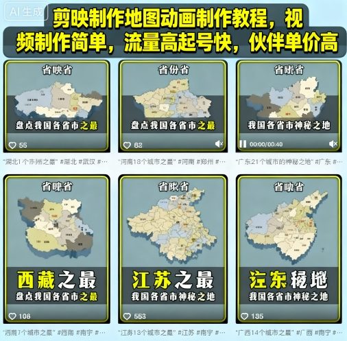 mp37234期-剪映制作地图动画制作教程，视频制作简单，流量高起号快，伙伴单价高