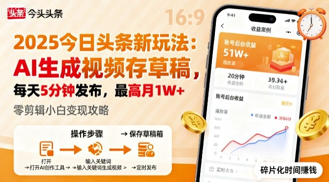 mp38570期-2025年今日头条躺賺新玩法，AI生成视频存草稿，每天5分钟发布，最高月1W+