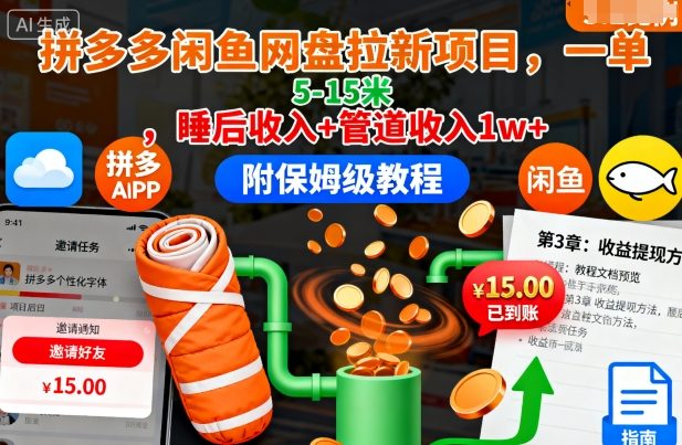 mp39940期-拼多多闲鱼网盘拉新项目，一单5-15米，睡后收入+管道收入1w+（附保姆级教程）
