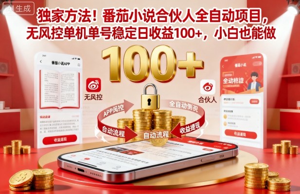 mp39951期-独家方法！番茄小说合伙人全自动挂G项目，无风控单机单号稳定日收益100+，小白也能做