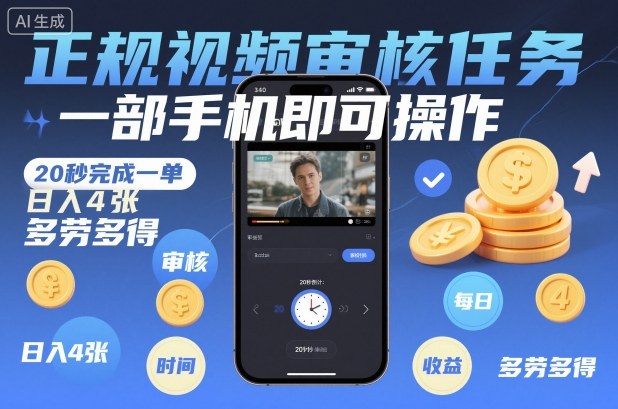 mp44356期-正规视频审核任务，一部手机即可操作，20秒完成一单，日入4张，多劳多得