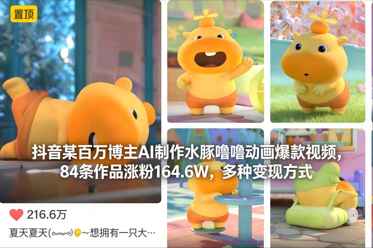 mp44811期-抖音某百万博主AI制作水豚噜噜动画爆款视频，84条作品涨粉164.6W，多种变现方式
