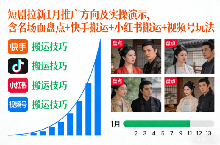 mp44904期-短剧拉新1月推广方向及实操演示，含名场面盘点+快手搬运+小红书搬运+视频号玩法