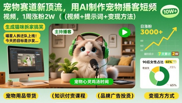 mp44924期-宠物赛道新顶流，用AI制作宠物播客短视频，1周涨粉2W（视频+提示词+变现方法）