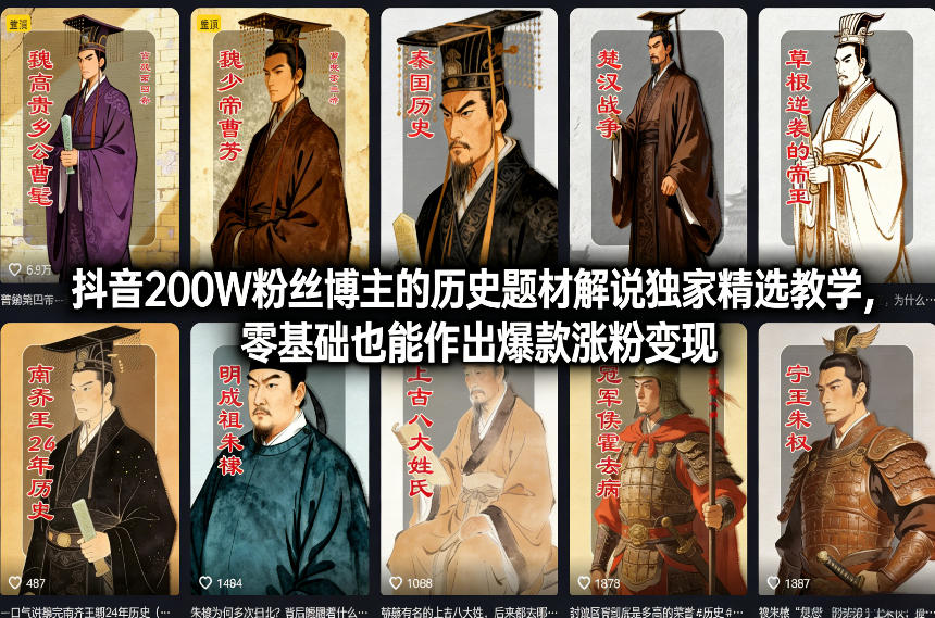 抖音200W粉丝博主的历史题材解说独家精选教学，零基础也能作出爆款涨粉变现-800资源网