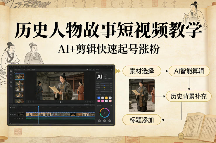 历史人物故事短视频教学，AI+剪辑制作历史人物题材短视频，快速起号涨粉-800资源网