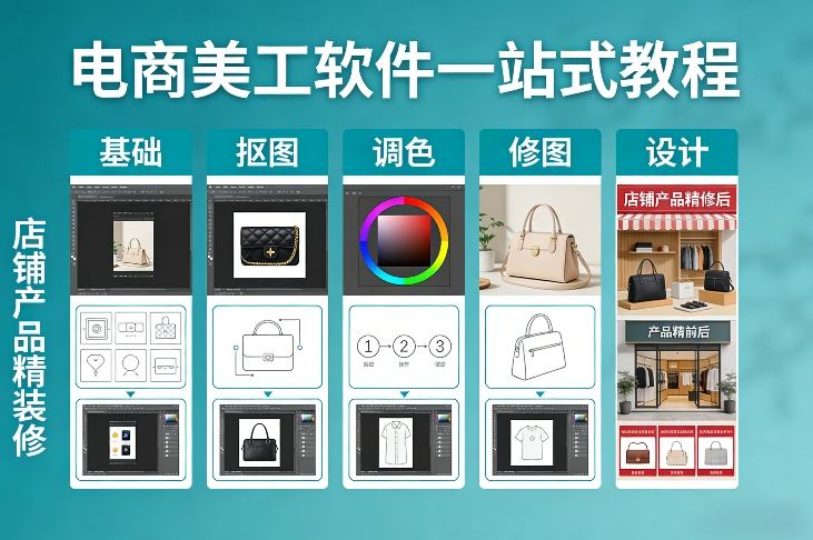 电商美工软件一站式教程，基础/抠图/调色/修图/设计，店铺产品精装修-800资源网