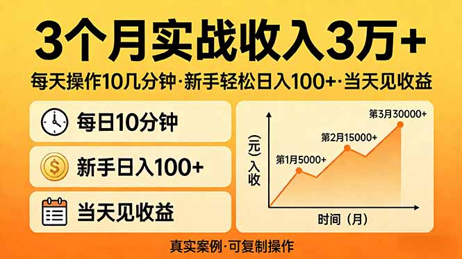 3个月实战收入3万+，每天操作10几分钟，新手轻松日入100+，当天见收益-800资源网