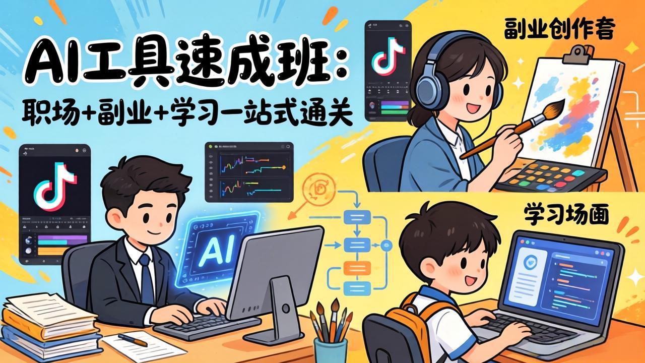 AI工具速成班：职场+副业+学习一站式通关，20+爆款类型+剪映技巧+抖音算法，0基础快速上手-800资源网