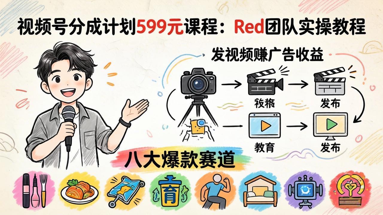 （18088期）视频号分成计划599元课程：Red团队实操教程，发视频赚广告收益，八大爆款赛道全掌握