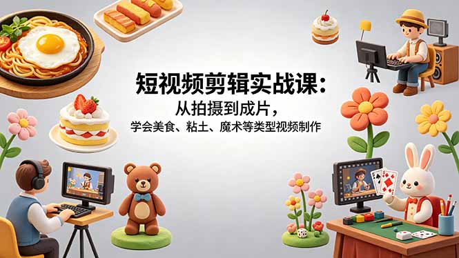 短视频剪辑实战课：从拍摄到成片，学会美食、粘土、魔术等类型视频制作-800资源网