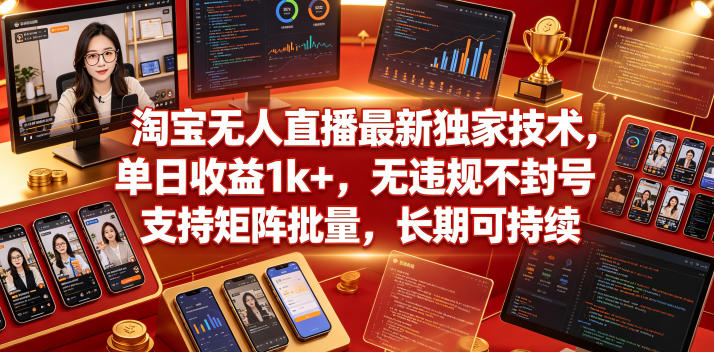 淘宝无人直播最新独家技术，单日收益1k+，无违规不封号，支持矩阵批量，长期可持续-800资源网