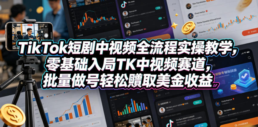 TikTok短剧中视频全流程实操教学，零基础入局TK中视频赛道，批量做号轻松賺取美金收益-800资源网