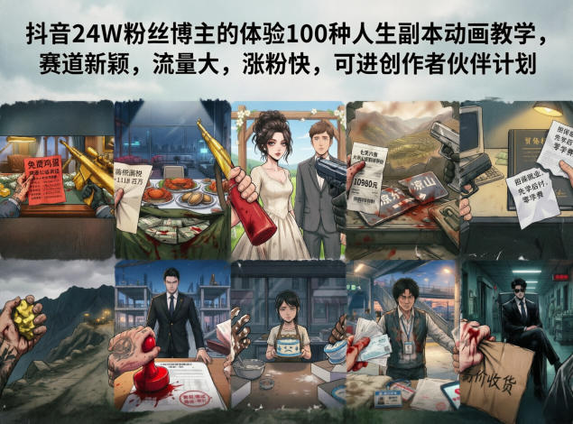 抖音24W粉丝博主的体验100种人生副本动画教学，赛道新颖，流量大，涨粉快，可进创作者伙伴计划-800资源网