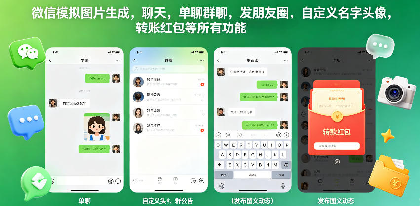 微信模拟图片生成,聊天,单聊群聊,发朋友圈,自定义名字头像,转账红包等所有功能都可以生成-800资源网