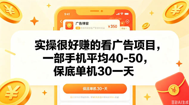 实操很好做的看广告项目,一部手机平均40-50,保底30单机一天
