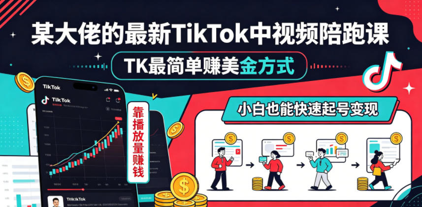 某大佬的最新TikTok中视频陪跑课，TK最简单賺美金方式，靠播放量賺钱，小白也能快速起号变现-800资源网