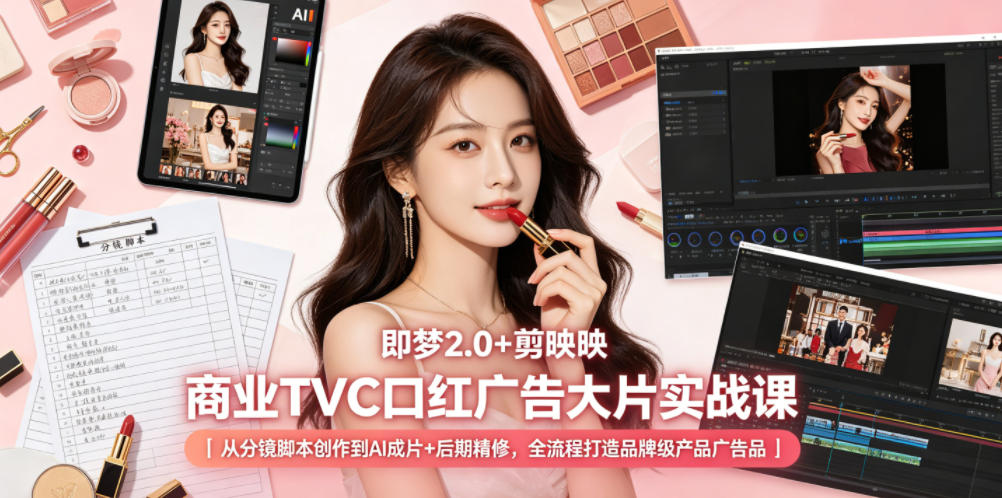 即梦2.0+剪映商业TVC口红广告大片实战课｜从分镜脚本创作到AI成片+后期精修，全流程打造品牌级产品广告-800资源网
