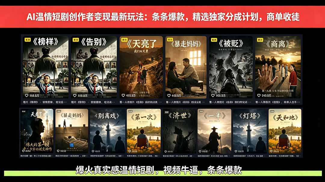 AI温情短剧创作者变现最新玩法：视频牛逼，条条爆款，精选独家分成计划，商单收徒-800资源网