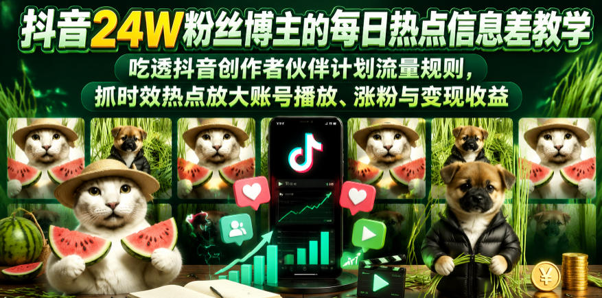 抖音24W粉丝博主的每日热点信息差教学，吃透创作者伙伴计划流量规则，抓时效热点放大账号播放、涨粉与变现收益-800资源网