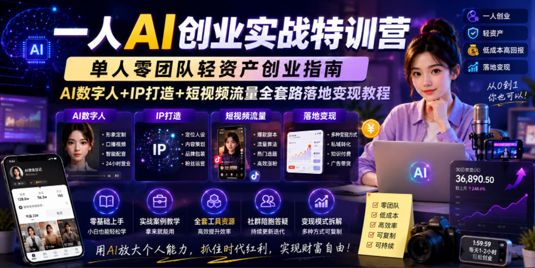 一人AI创业实战特训营,单人零团队轻资产创业指南,AI数字人+IP打造+短视频流量全套路落地变现教程-800资源网