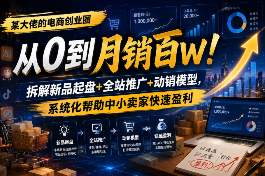 某大佬的电商创业圈从0到月销百W!拆解新品起盘+全站推广+动销模型,系统化帮助中小卖家快速盈利-800资源网