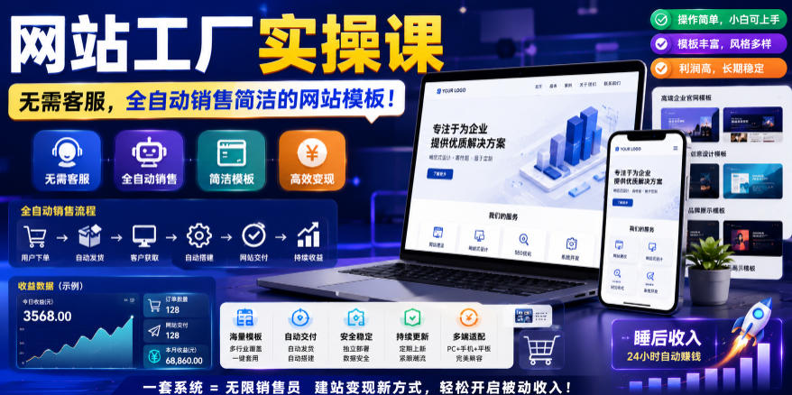 网站工厂实操课,无需客服,网站模板自动赚钱!【原创双语字幕】-800资源网
