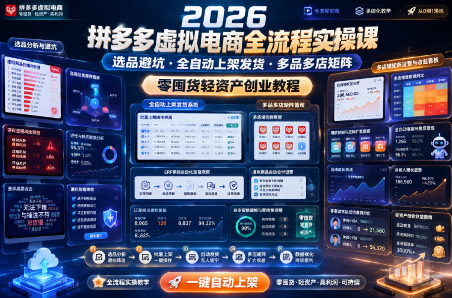 2026拼多多虚拟电商全流程实操课，选品避坑・全自动上架发货・多品多店矩阵，零囤货轻资产创业教程-800资源网