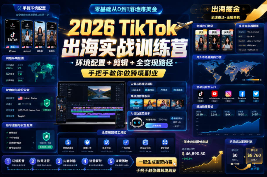 2026 TikTok出海实战训练营，环境配置 + 剪辑 + 全变现路径，手把手教你做跨境副业-800资源网