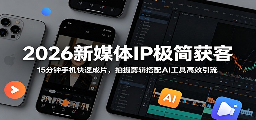 2026新媒体IP极简获客:15分钟手机快速成片,拍摄剪辑搭配AI工具高效引流-800资源网
