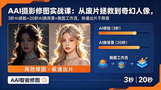 AI摄影修图实战课:从废片拯救 到 奇幻人像,3秒AI修脸+20秒AI换背景+跑图工作流,快速出片不熬夜-800资源网