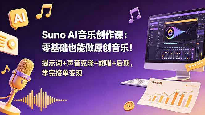 Suno AI音乐创作课:零基础也能做原创音乐!提示词+声音克隆+翻唱+后期,学完接单变现-800资源网