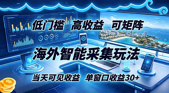 海外智能采集玩法，低门槛高单价可矩阵，当天可见收益，单窗口30+-800资源网