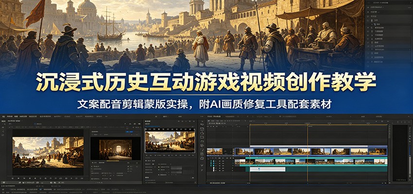 沉浸式历史互动游戏视频创作教学:文案配音剪辑蒙版实操,附AI画质修复工具配套素材-800资源网