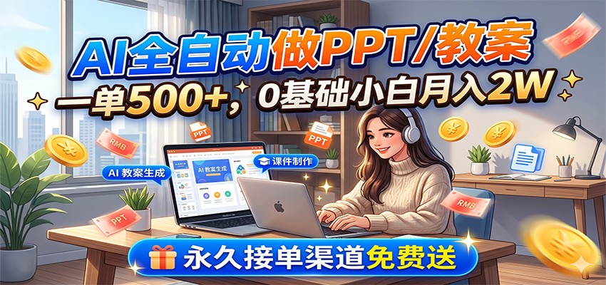 AI全自动做PPT/教案，一单500+，0基础小白月入2W，永久接单渠道免费送-800资源网