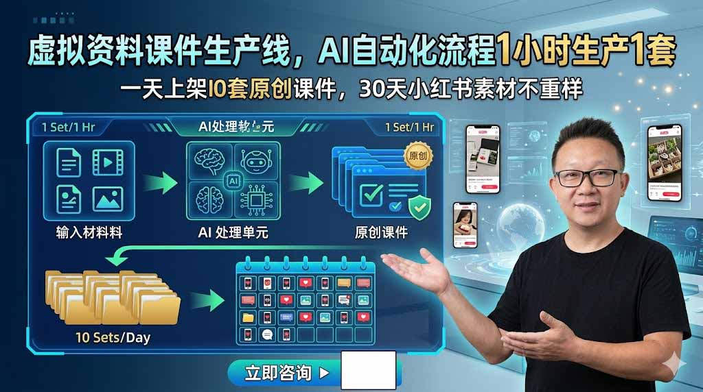 虚拟资料课件生产线，AI自动化流程1小时生产1套，一天上架10套原创课件，30天小红书素材不重样-800资源网