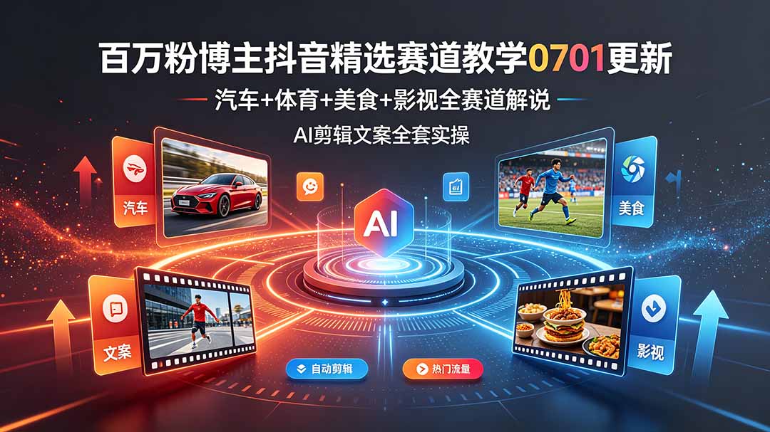 百万粉博主抖音精选赛道教学-0701更新，汽车+体育+美食+影视全赛道解说，AI剪辑文案全套实操-800资源网