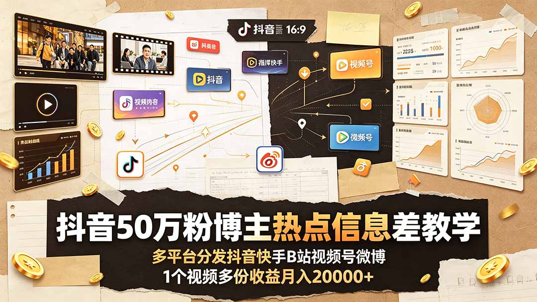 抖音50万粉博主热点信息差教学：多平台分发抖音快手B站视频号微博，1个视频多份收益月入20000+-800资源网