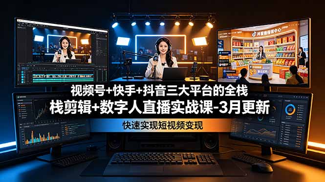 视频号+快手+抖音三大平台的全栈剪辑+数字人直播实战课-3月更新：快速实现短视频变现-800资源网