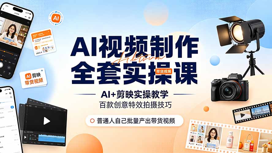 AI视频制作全套实操课，多款AI工具搭配剪映教学，百种特效运镜拍摄实操，抖音账号带货运营全覆盖-800资源网