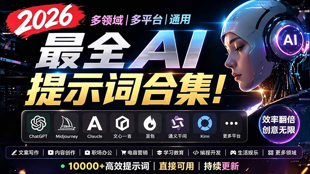 2026最全AI提示词合集！多领域多平台通用，涵盖AI绘画、电商主图、爆款文案，脚本创作等-800资源网