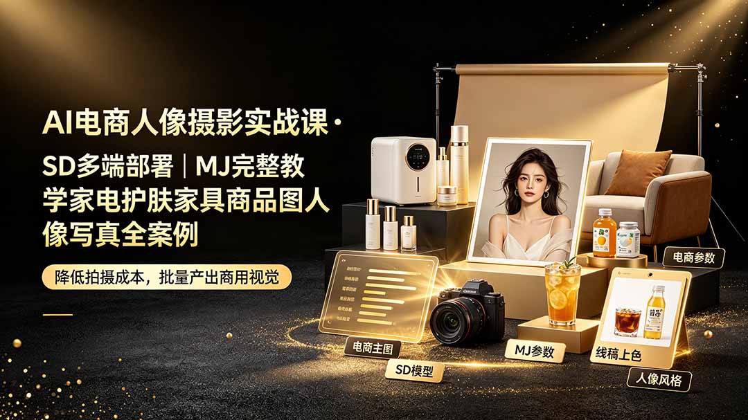 AI电商人像摄影实战课·SD多端部署|MJ完整教学|家电护肤家具商品图人像写真全案例-800资源网