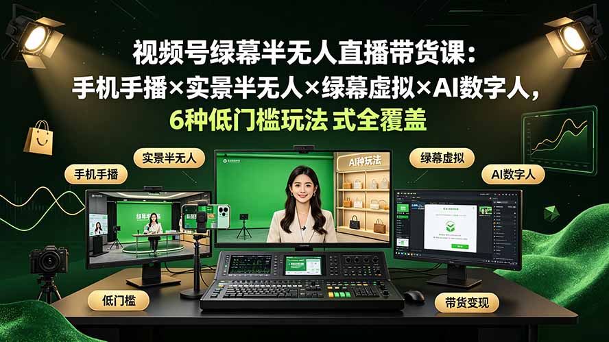 视频号绿幕半无人直播带货课:手机手播×实景半无人×绿幕虚拟×AI数字人,6种低门槛玩法全覆盖-800资源网