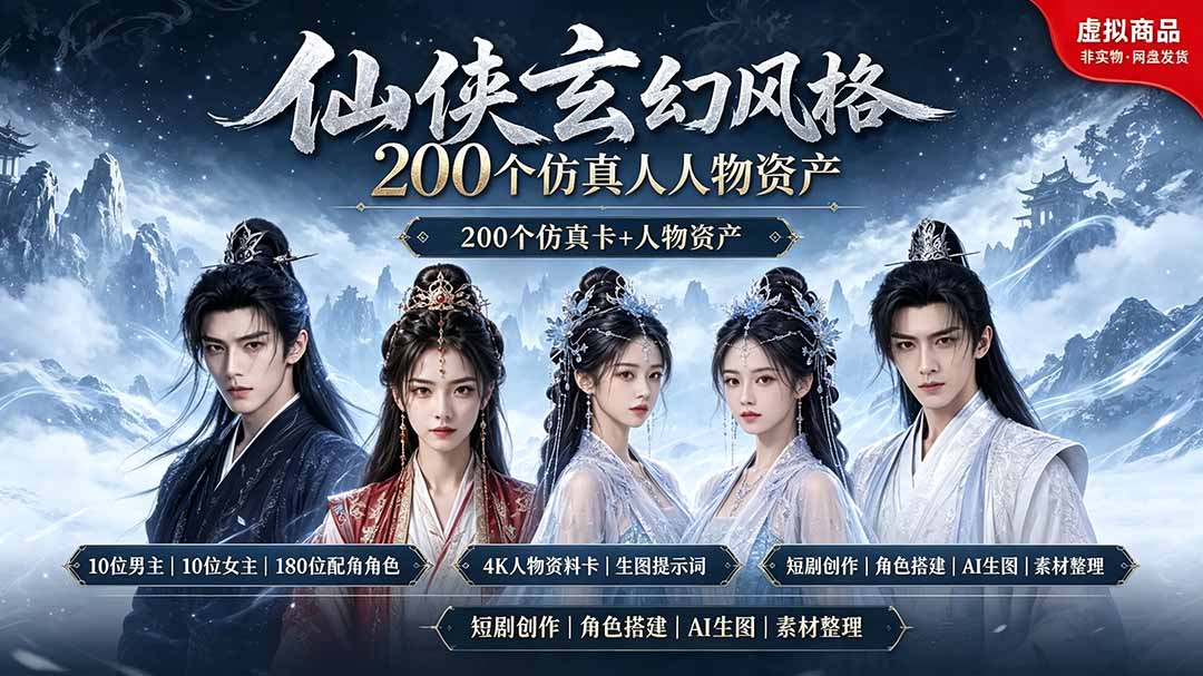 200个仙侠玄幻仿真人素材◆10男主×10女主×180配角,4K资料卡+AI生图提示词,漫剧必备-800资源网